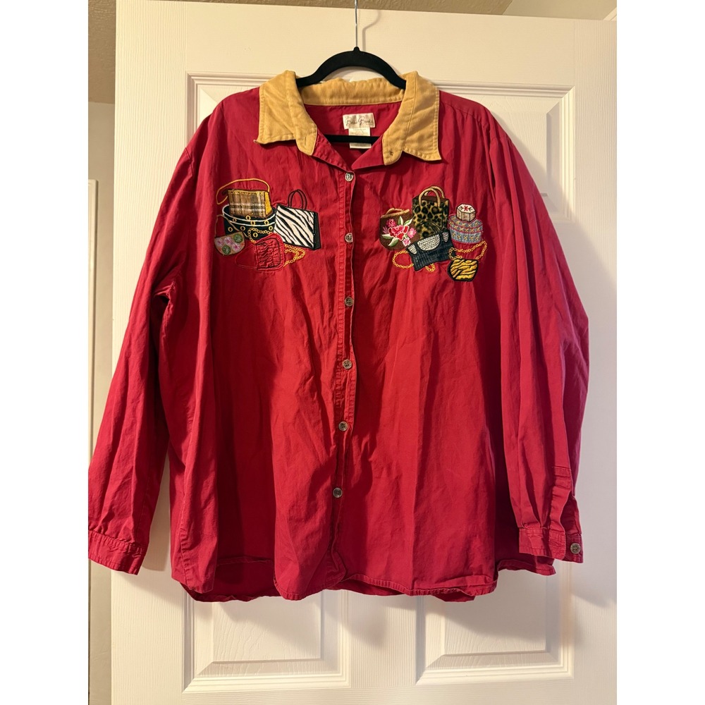 Bobbie Brooks Woman Red Embroidered Handbag Shirt Corduroy Collar 26/28W Vintage